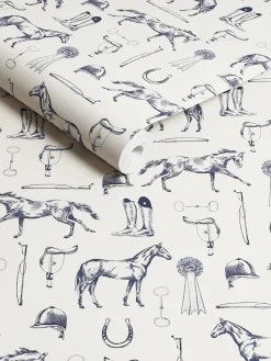 Cream/Blue Sketched Equestrian Print 10M Wallpaper