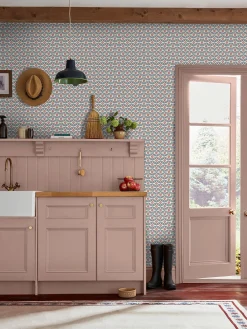 Cream/Blue Stately Floral Print Cream/Blue 10M Wallpaper