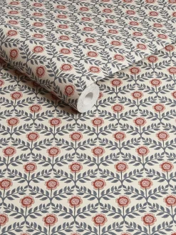 Cream/Blue Stately Floral Print Cream/Blue 10M Wallpaper