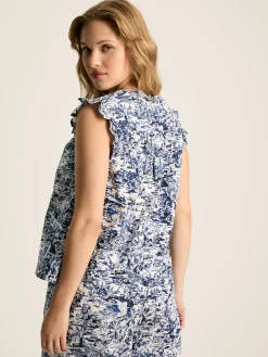 Cynthia Blue on White Cotton Blouse