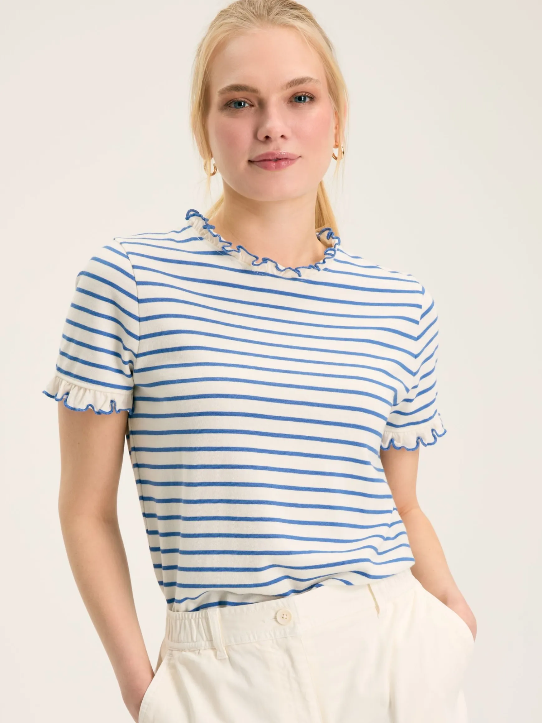 Daisy Cream & Blue Short Sleeve Frilled Neck Top