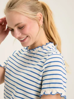 Daisy Cream & Blue Short Sleeve Frilled Neck Top