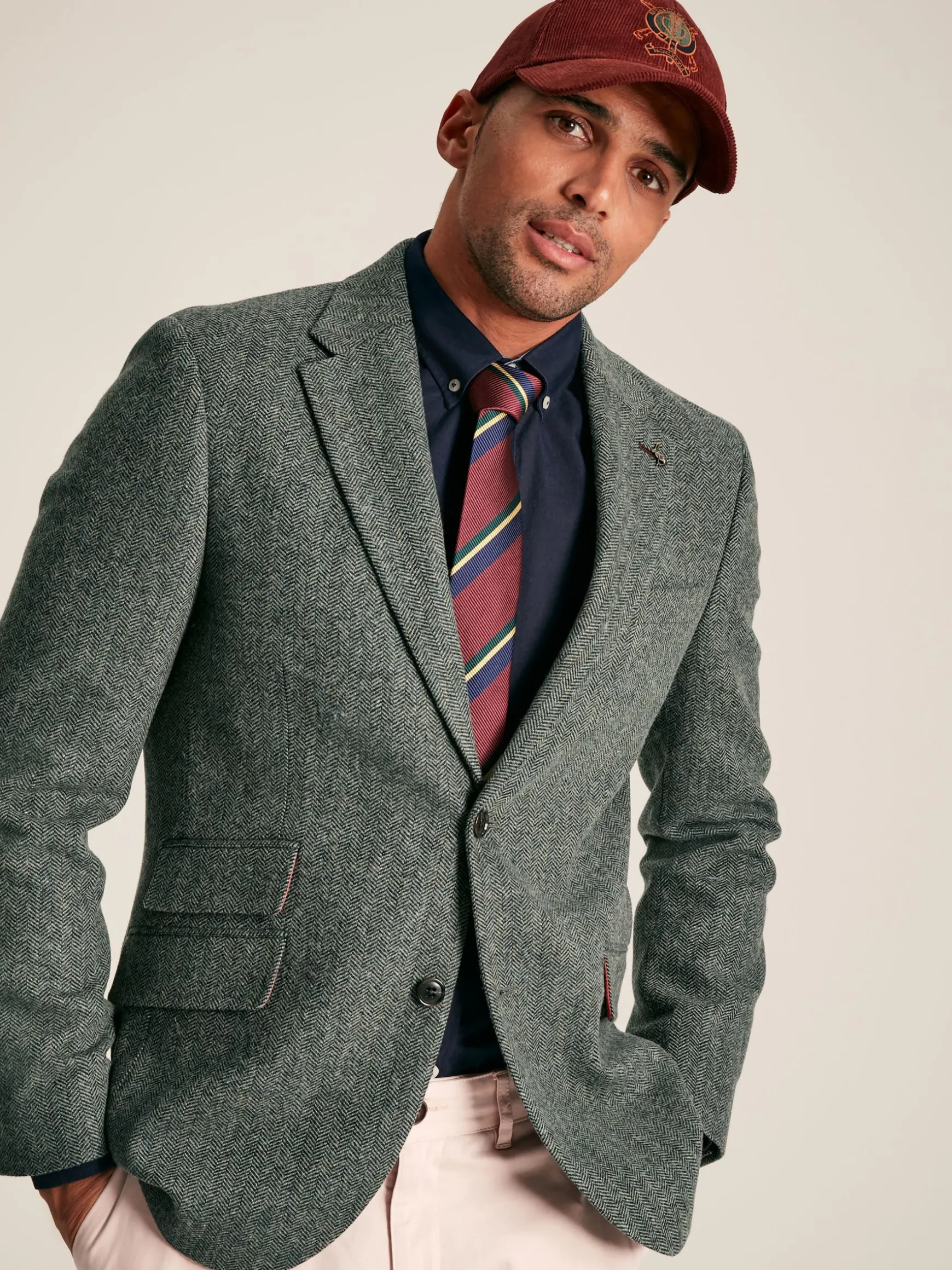 Dark Green Herringbone Texture Slim Fit Blazer