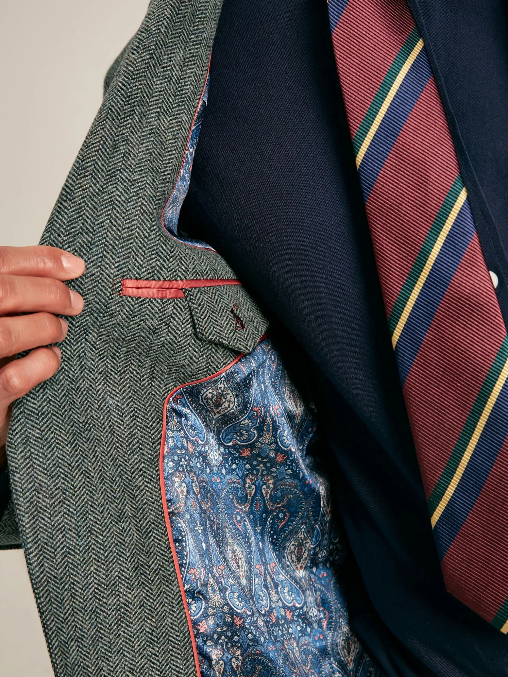 Dark Green Herringbone Texture Slim Fit Blazer