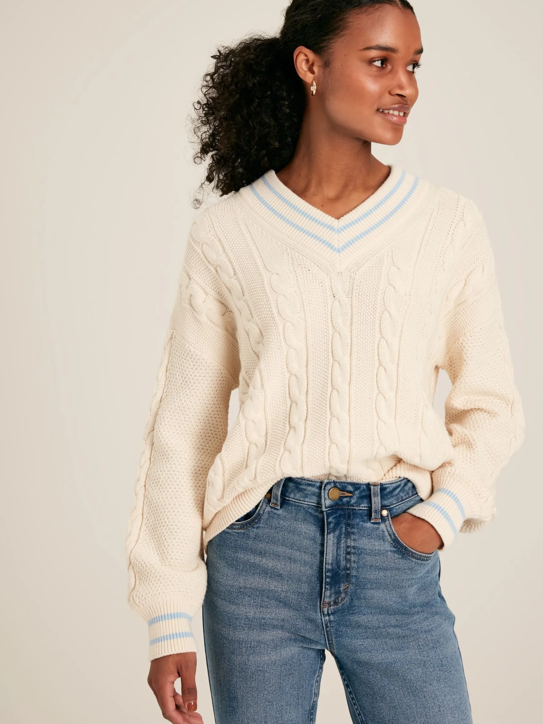 Dibbly Cream & Blue Cable Knit Cricket Jumper