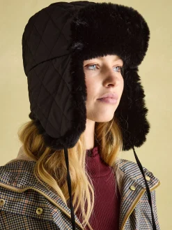 Eira Black Faux Fur Lined Quilted Trapper Hat
