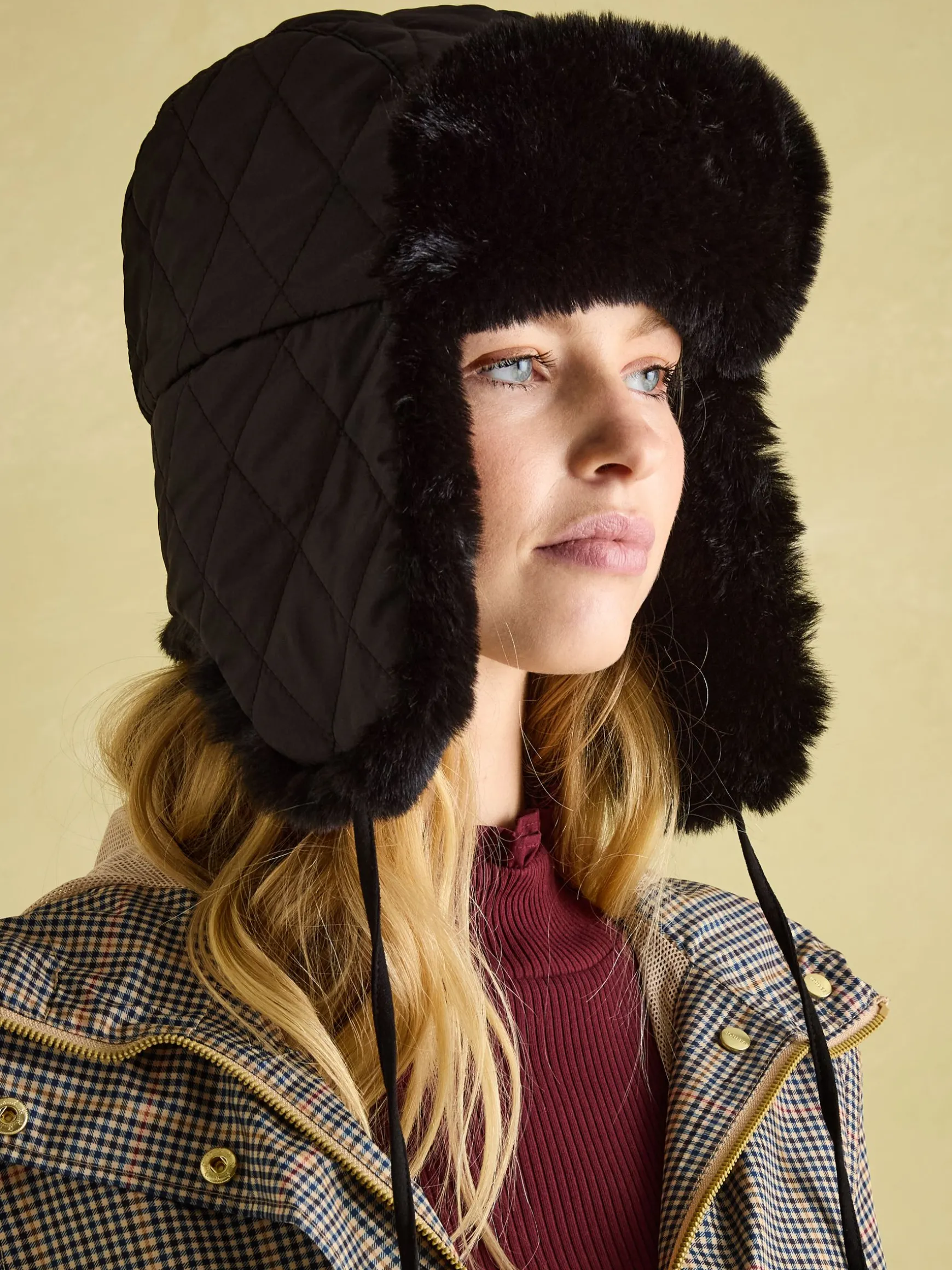 Eira Black Faux Fur Lined Quilted Trapper Hat