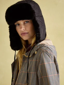 Eira Black Faux Fur Lined Quilted Trapper Hat