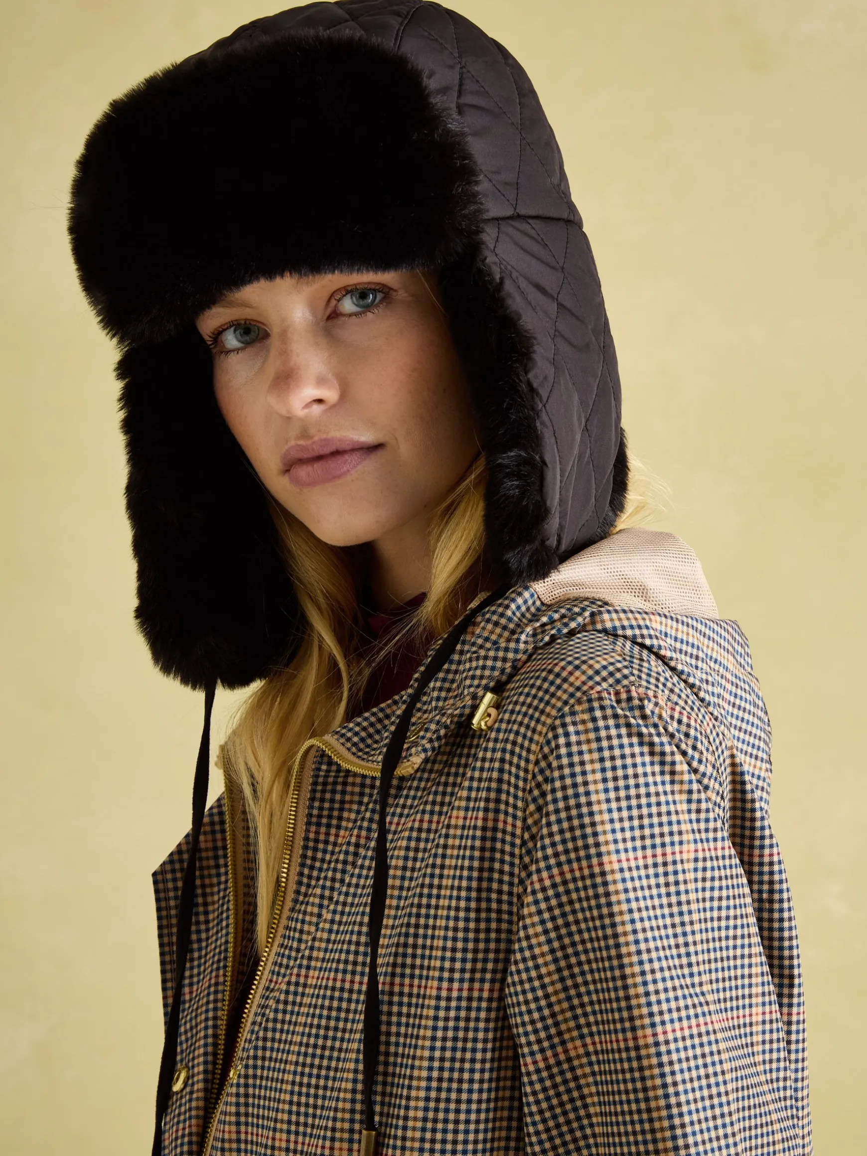 Eira Black Faux Fur Lined Quilted Trapper Hat