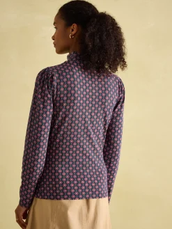 Elizabeth Blue Floral High Neck Jersey Top