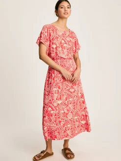 Emmeline Red Paisley Short Sleeve Midi Dress
