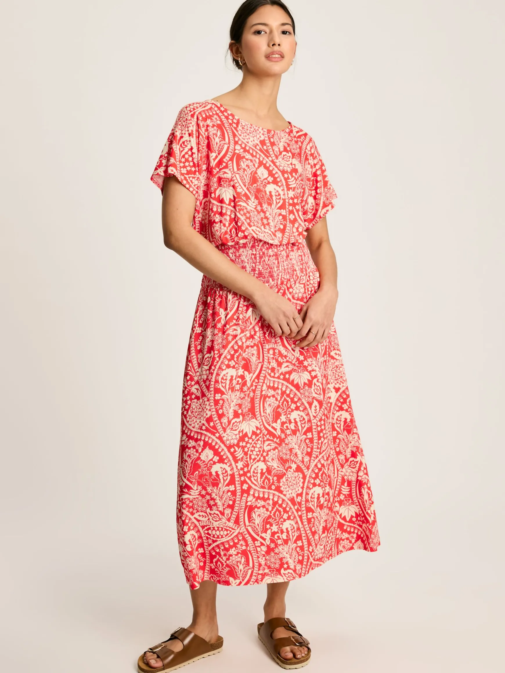 Emmeline Red Paisley Short Sleeve Midi Dress
