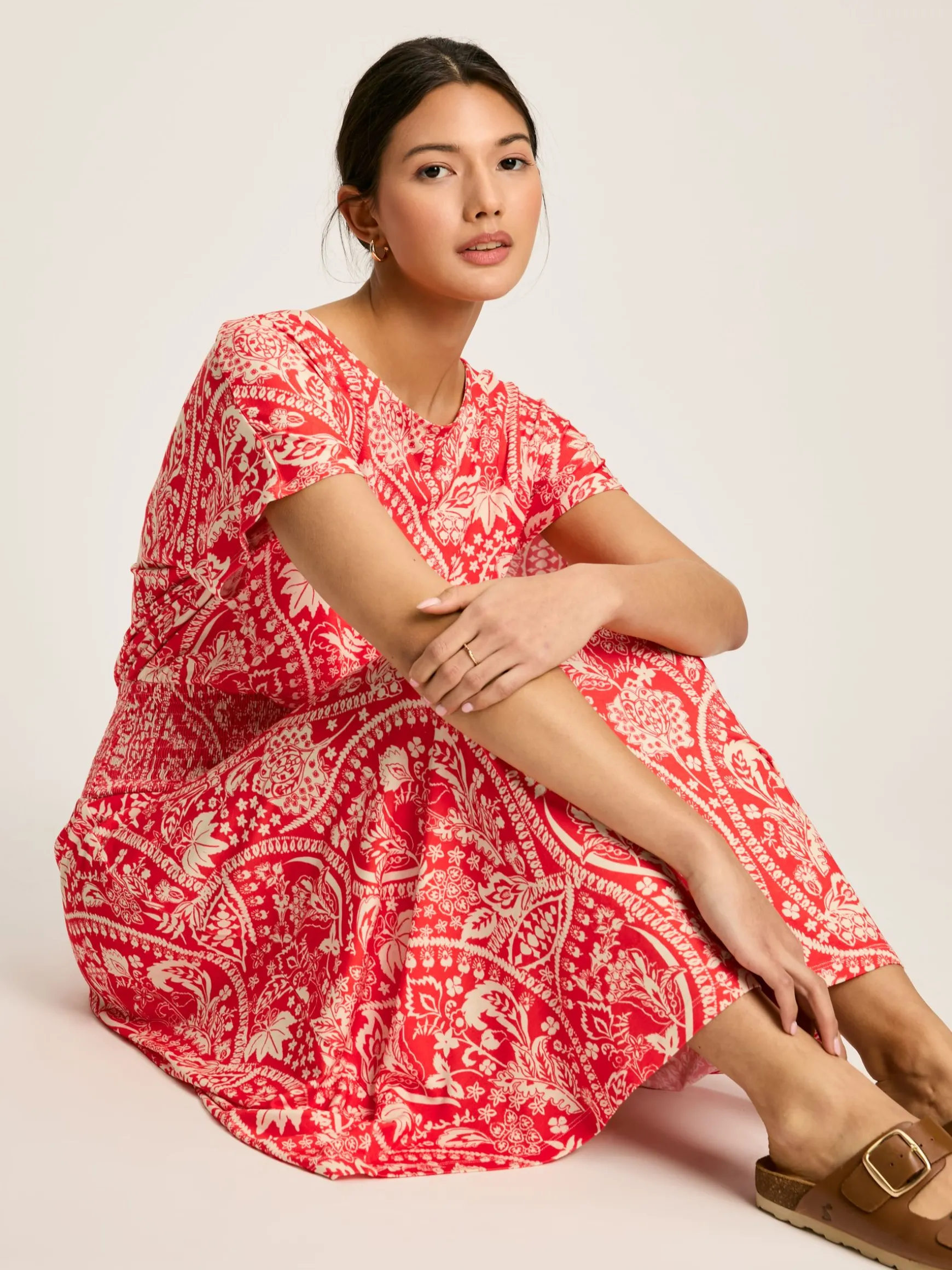 Emmeline Red Paisley Short Sleeve Midi Dress