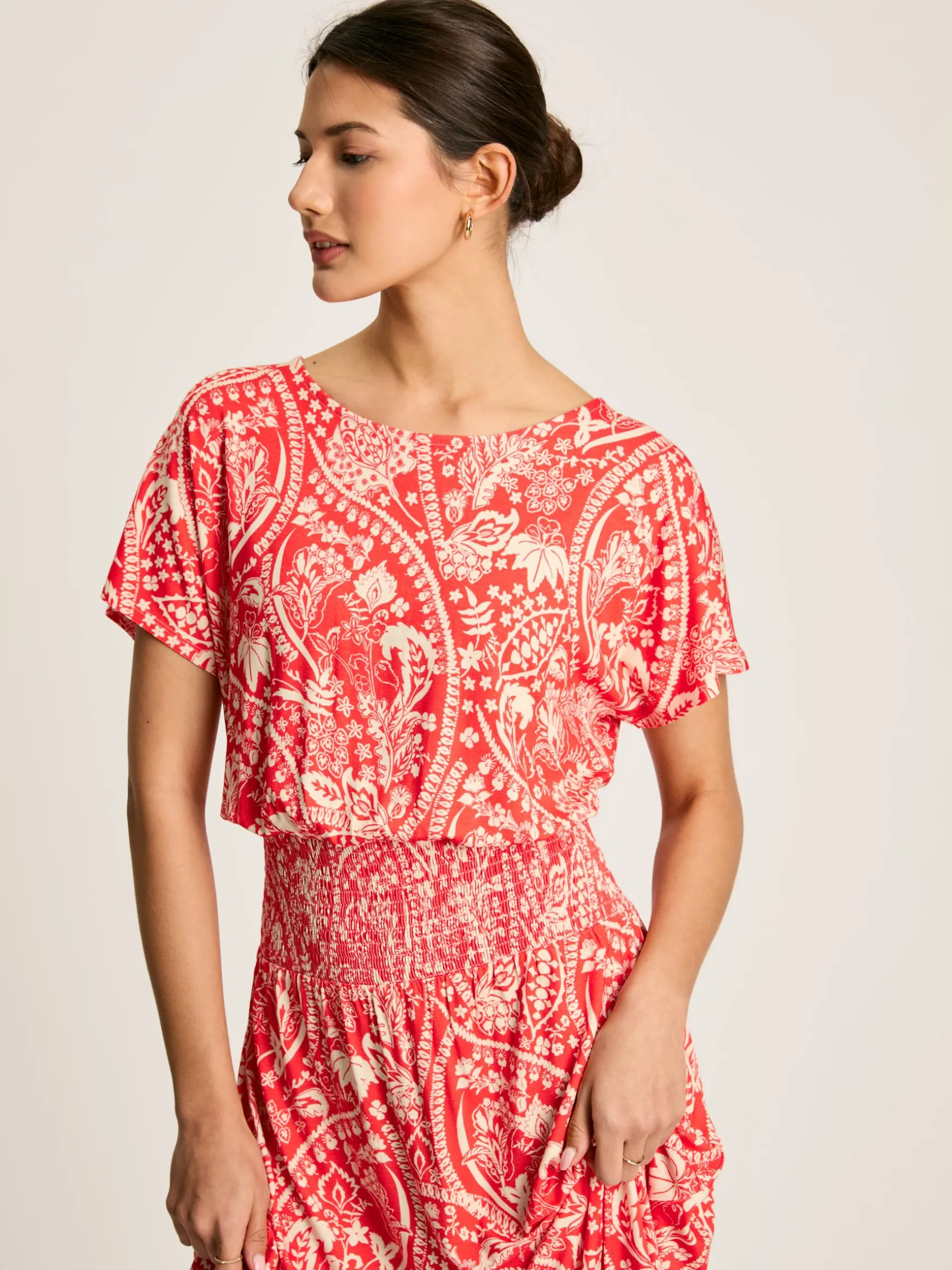 Emmeline Red Paisley Short Sleeve Midi Dress