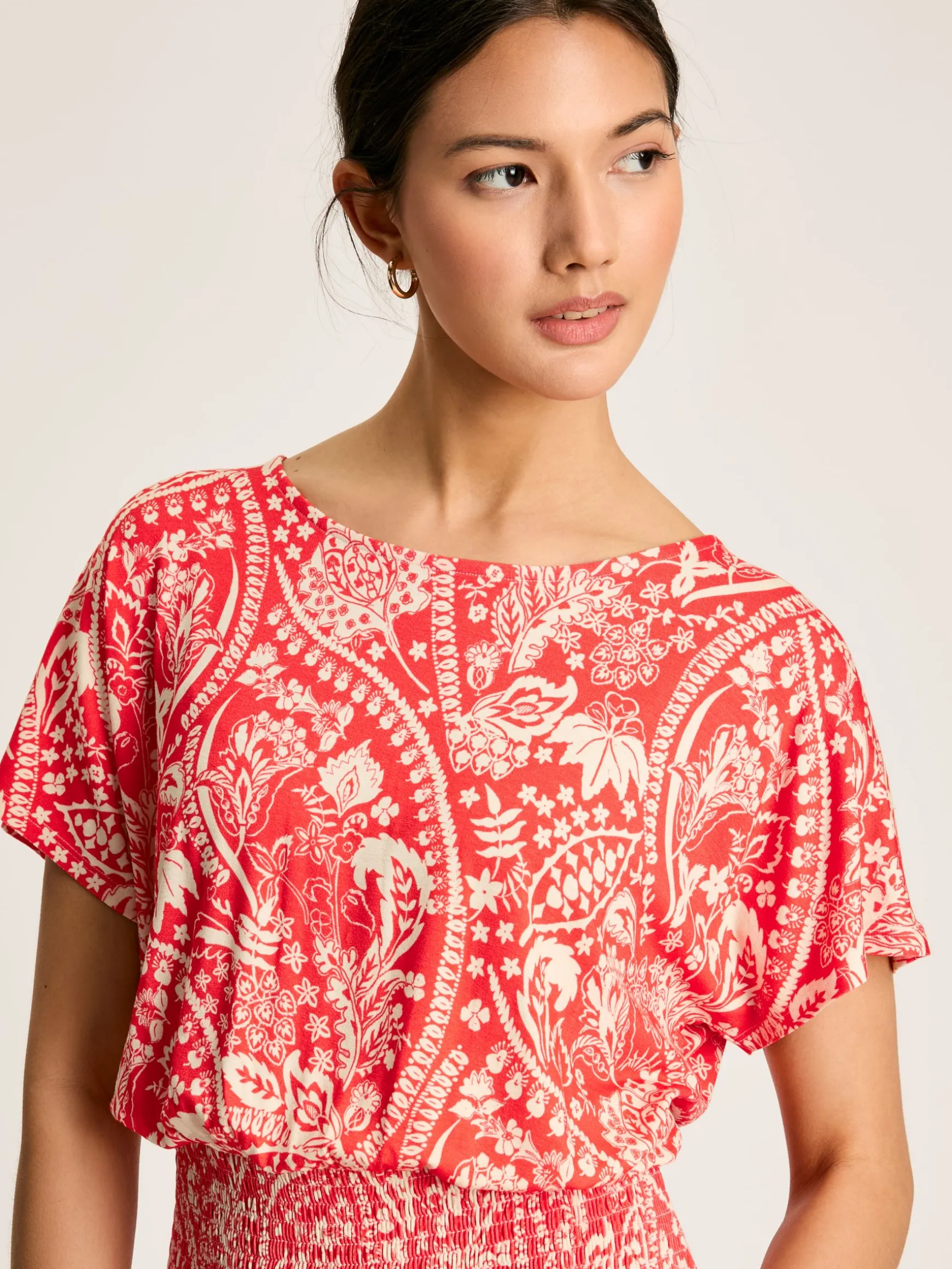 Emmeline Red Paisley Short Sleeve Midi Dress