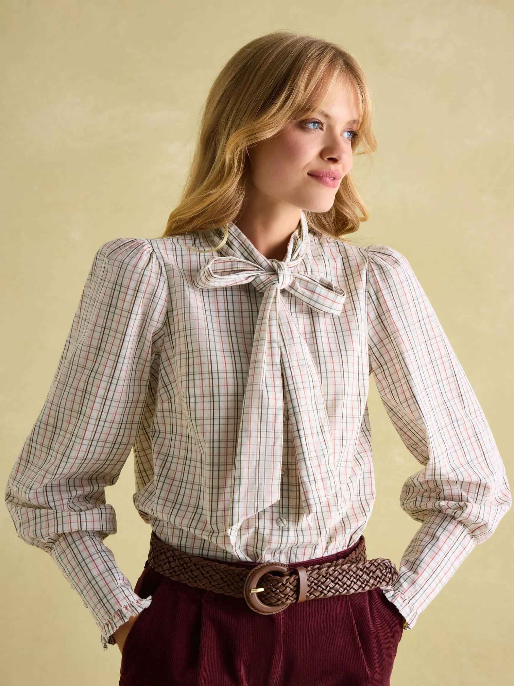 Everly Check Tie Neck Blouse