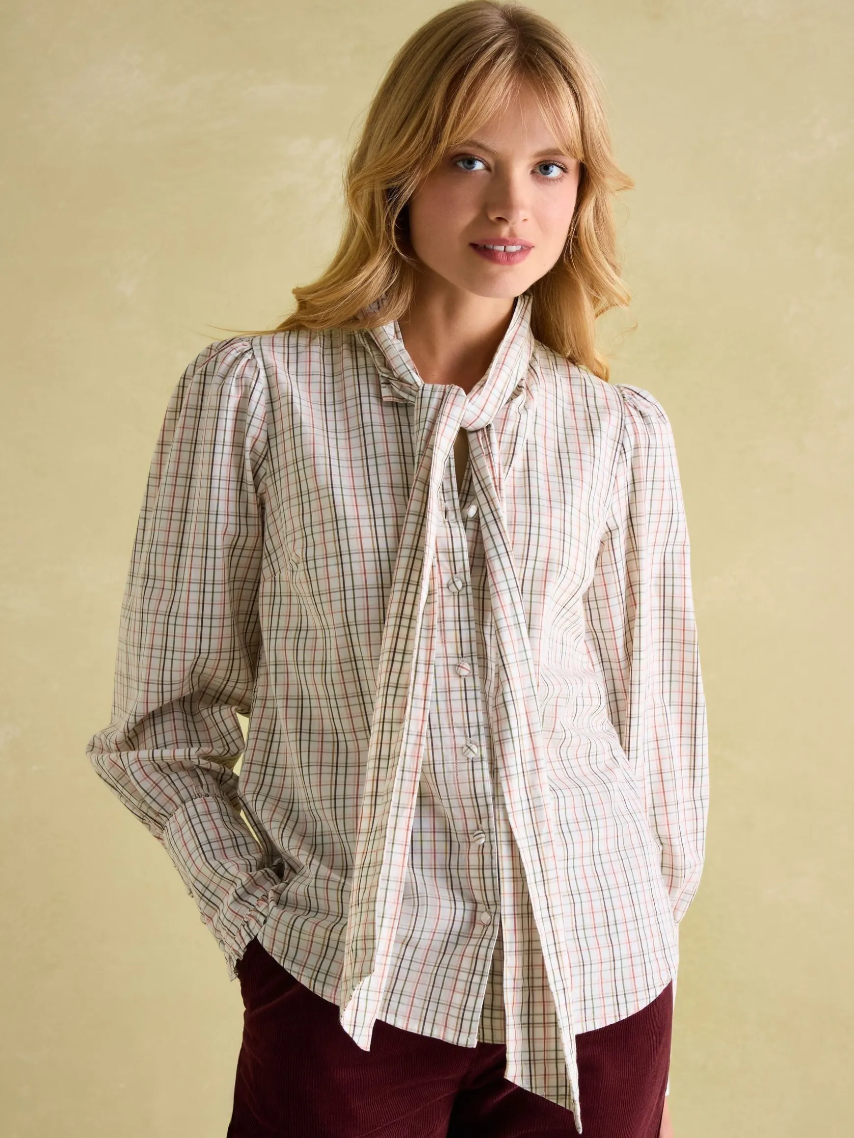 Everly Check Tie Neck Blouse