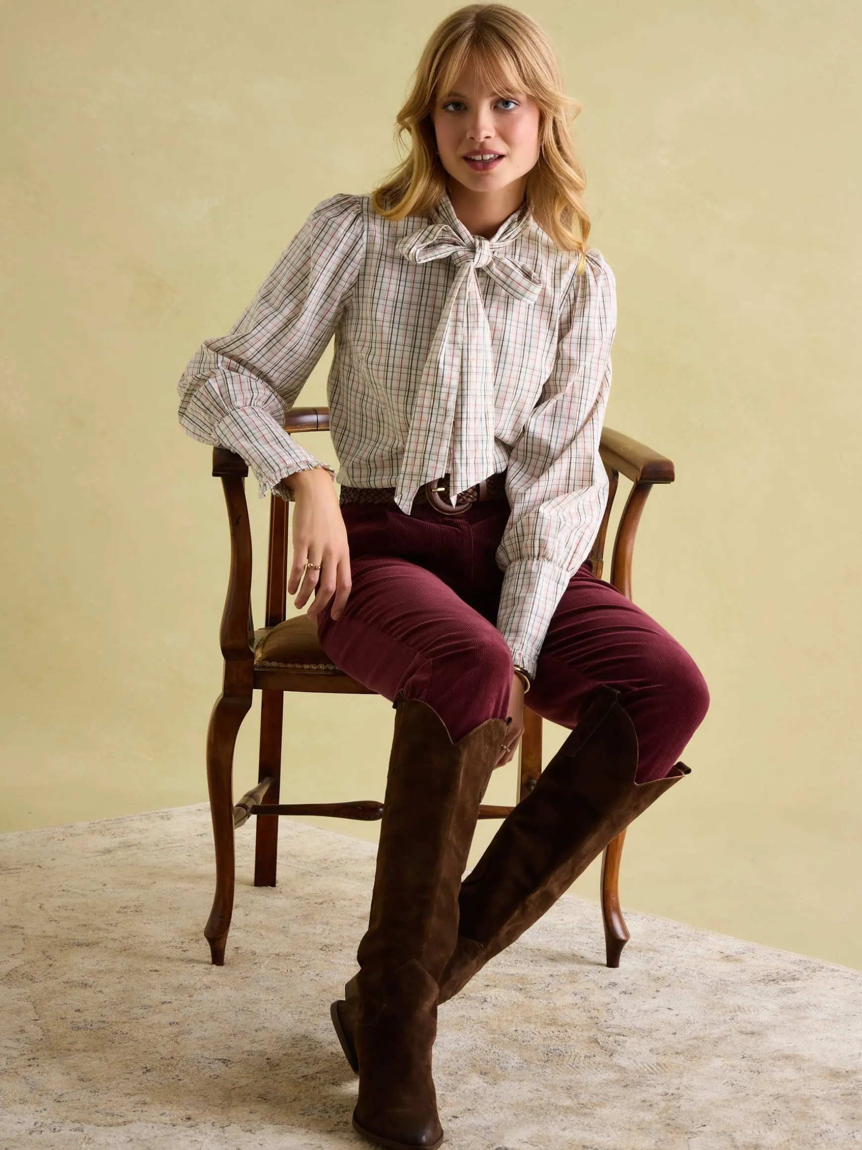 Everly Check Tie Neck Blouse