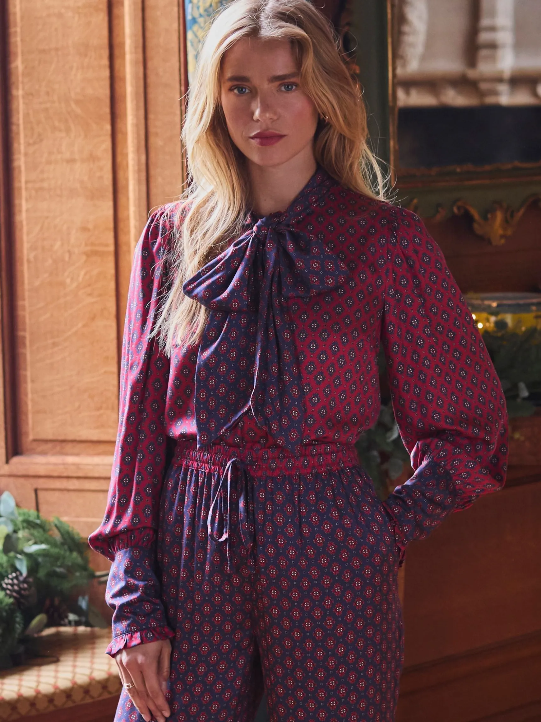 Everly Red Tie Neck Blouse