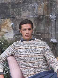 Fair Isle Cream Crew Neck Jumper Contains Merino Wool