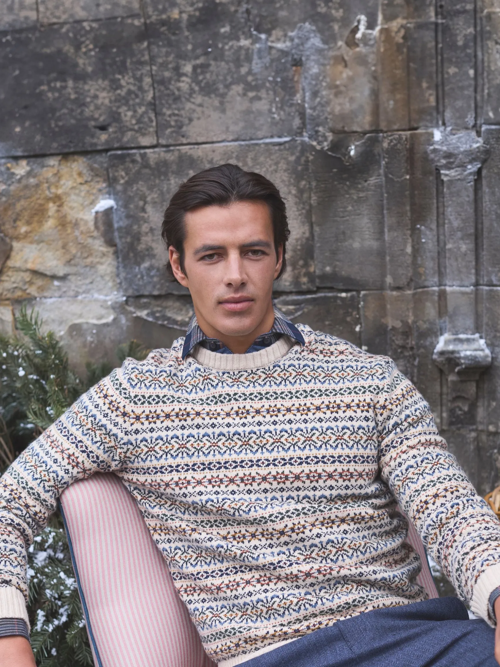 Fair Isle Cream Crew Neck Jumper Contains Merino Wool