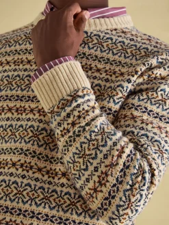 Fair Isle Cream Crew Neck Jumper Contains Merino Wool