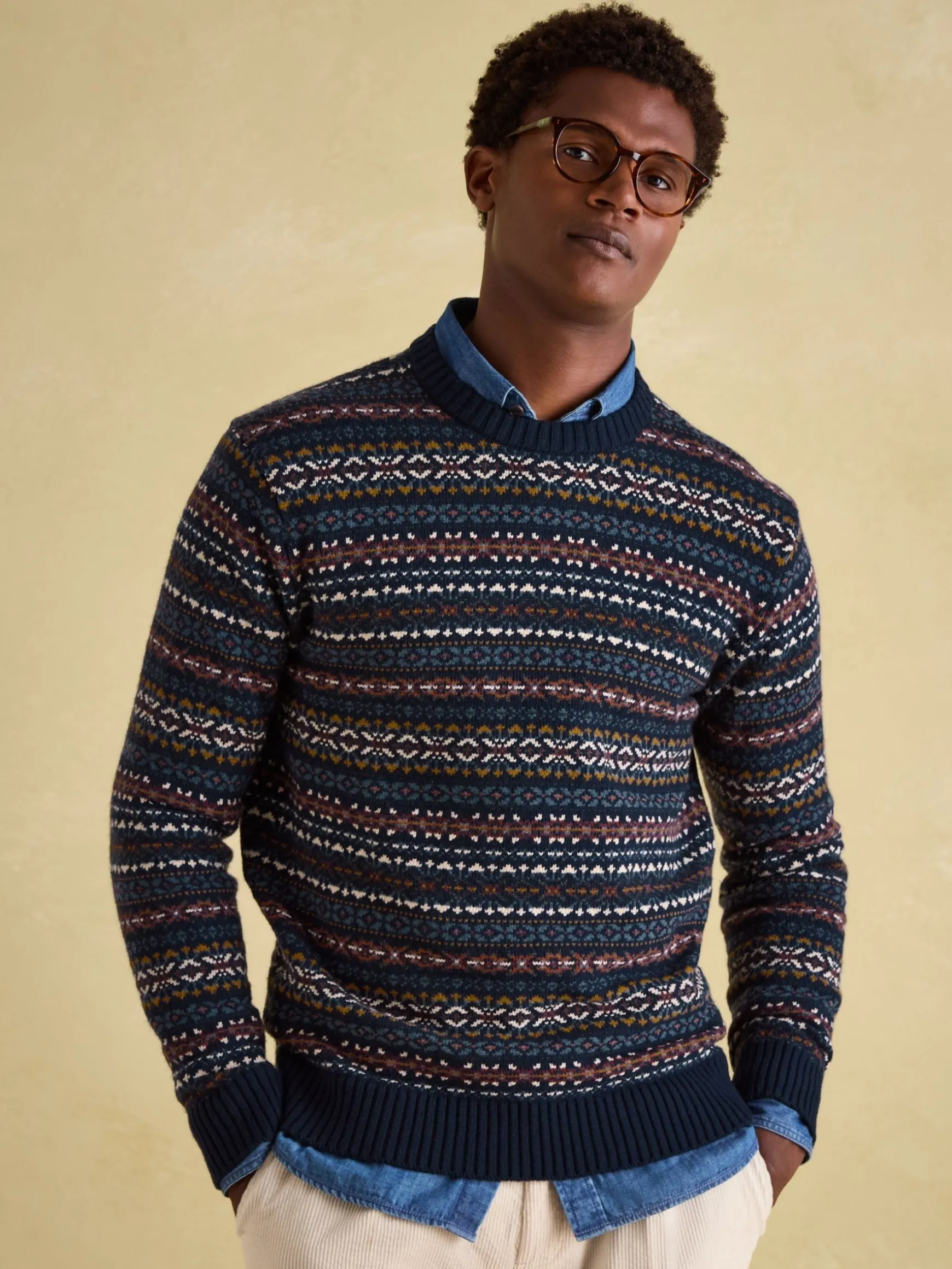 Fair Isle Navy Crew Neck Jumper Contains Merino Wool