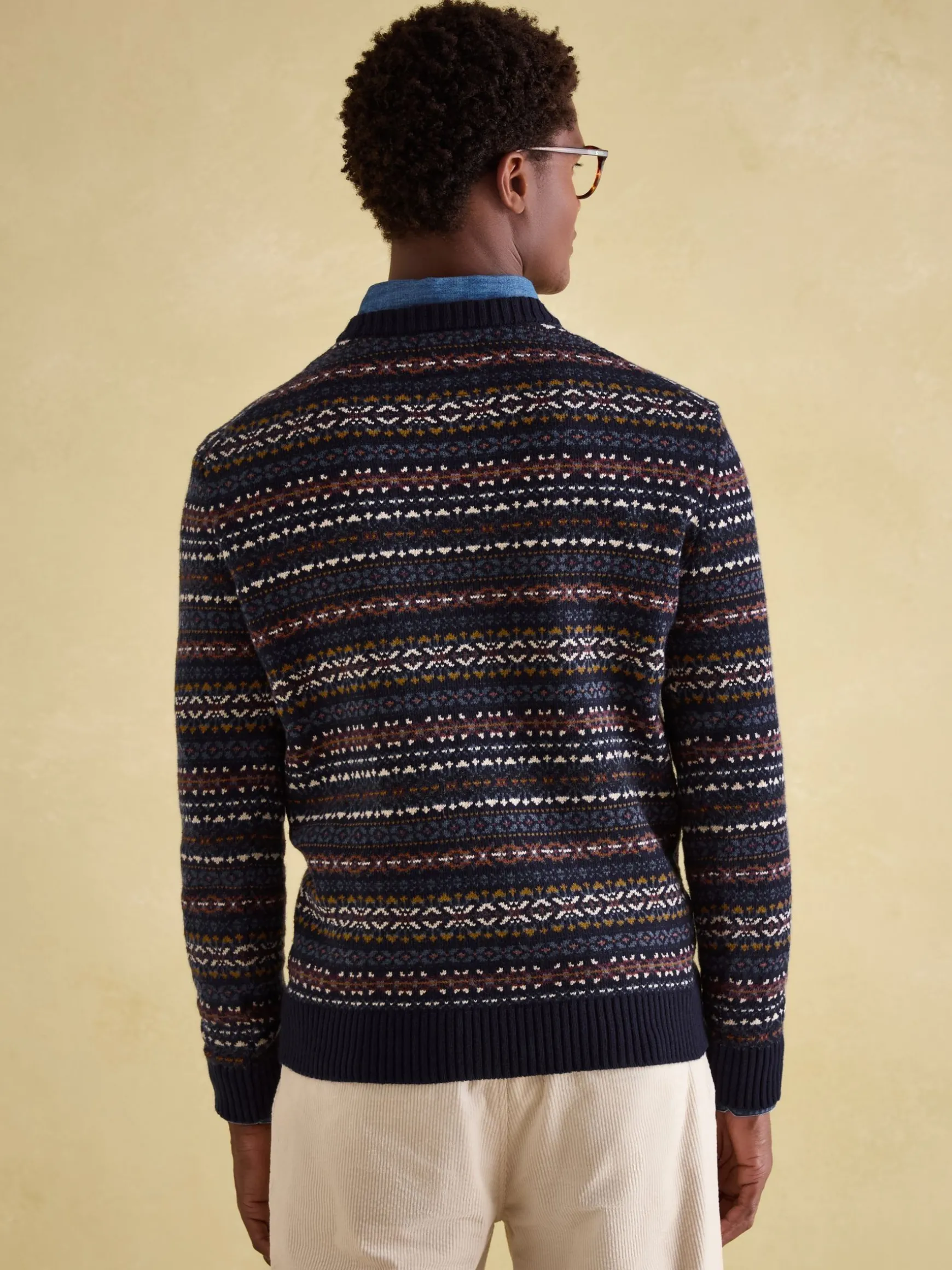 Fair Isle Navy Crew Neck Jumper Contains Merino Wool