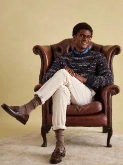 Fair Isle Navy Crew Neck Jumper Contains Merino Wool