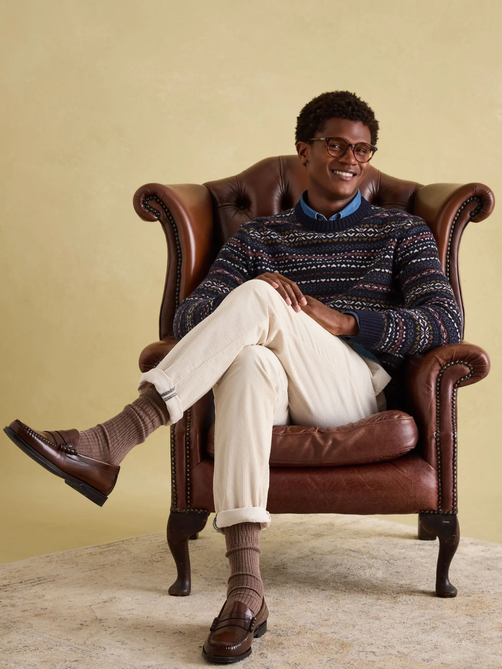 Fair Isle Navy Crew Neck Jumper Contains Merino Wool