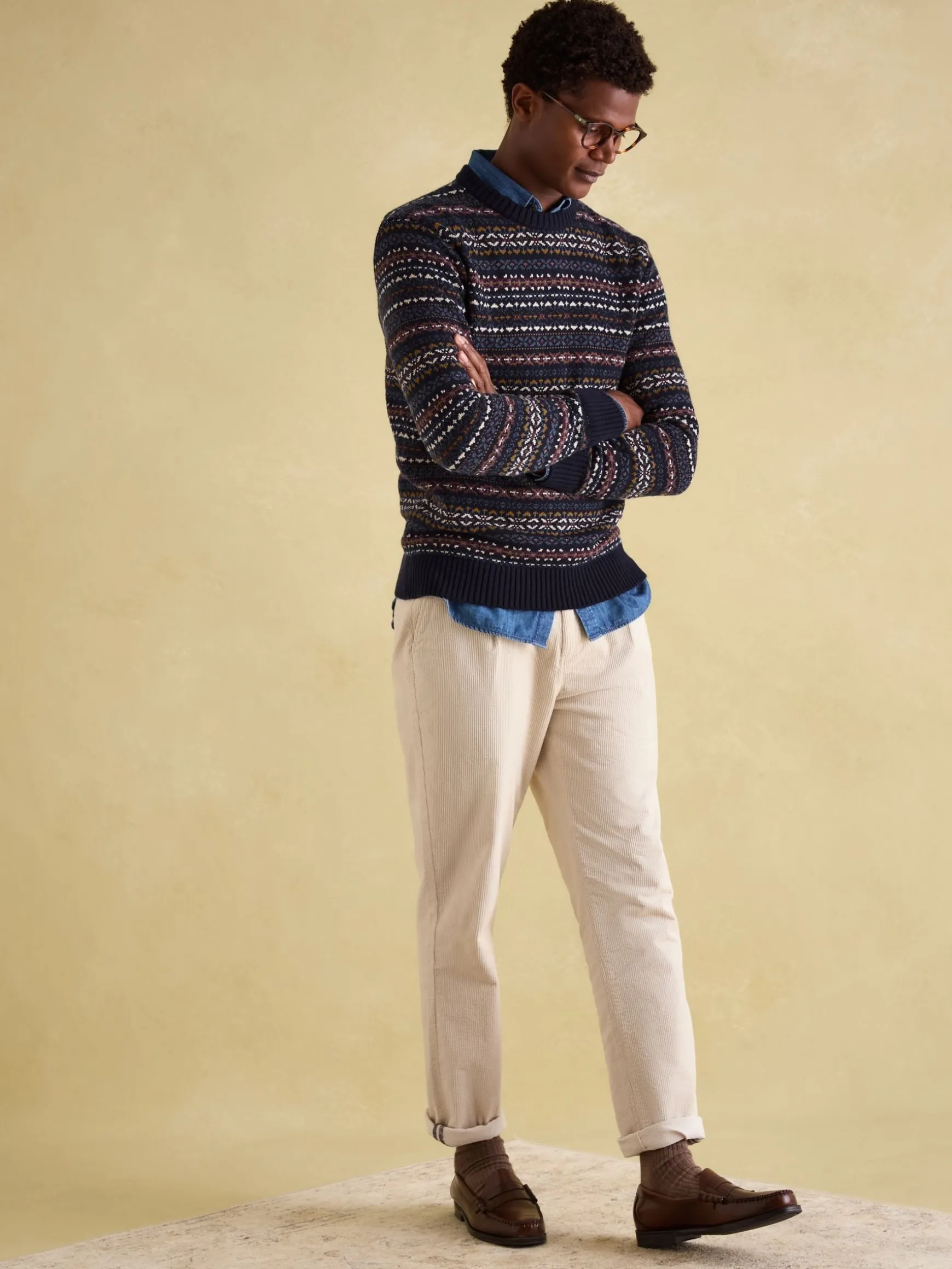 Fair Isle Navy Crew Neck Jumper Contains Merino Wool
