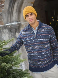 Fair Isle Navy Quarter Zip Knit Jumper Contains Merino Wool