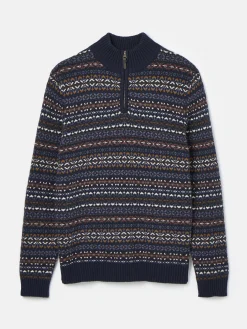 Fair Isle Navy Quarter Zip Knit Jumper Contains Merino Wool