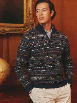 Fair Isle Navy Quarter Zip Knit Jumper Contains Merino Wool