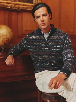 Fair Isle Navy Quarter Zip Knit Jumper Contains Merino Wool