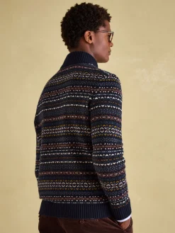 Fair Isle Navy Quarter Zip Knit Jumper Contains Merino Wool