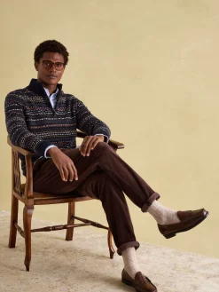 Fair Isle Navy Quarter Zip Knit Jumper Contains Merino Wool