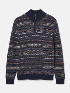 Fair Isle Navy Quarter Zip Knit Jumper Contains Merino Wool