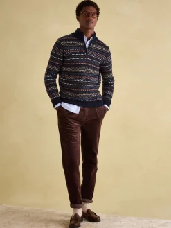 Fair Isle Navy Quarter Zip Knit Jumper Contains Merino Wool