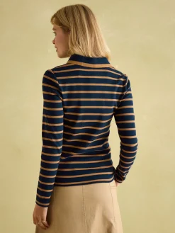Fairfield Navy & Tan Long Sleeve Ribbed Polo Shirt