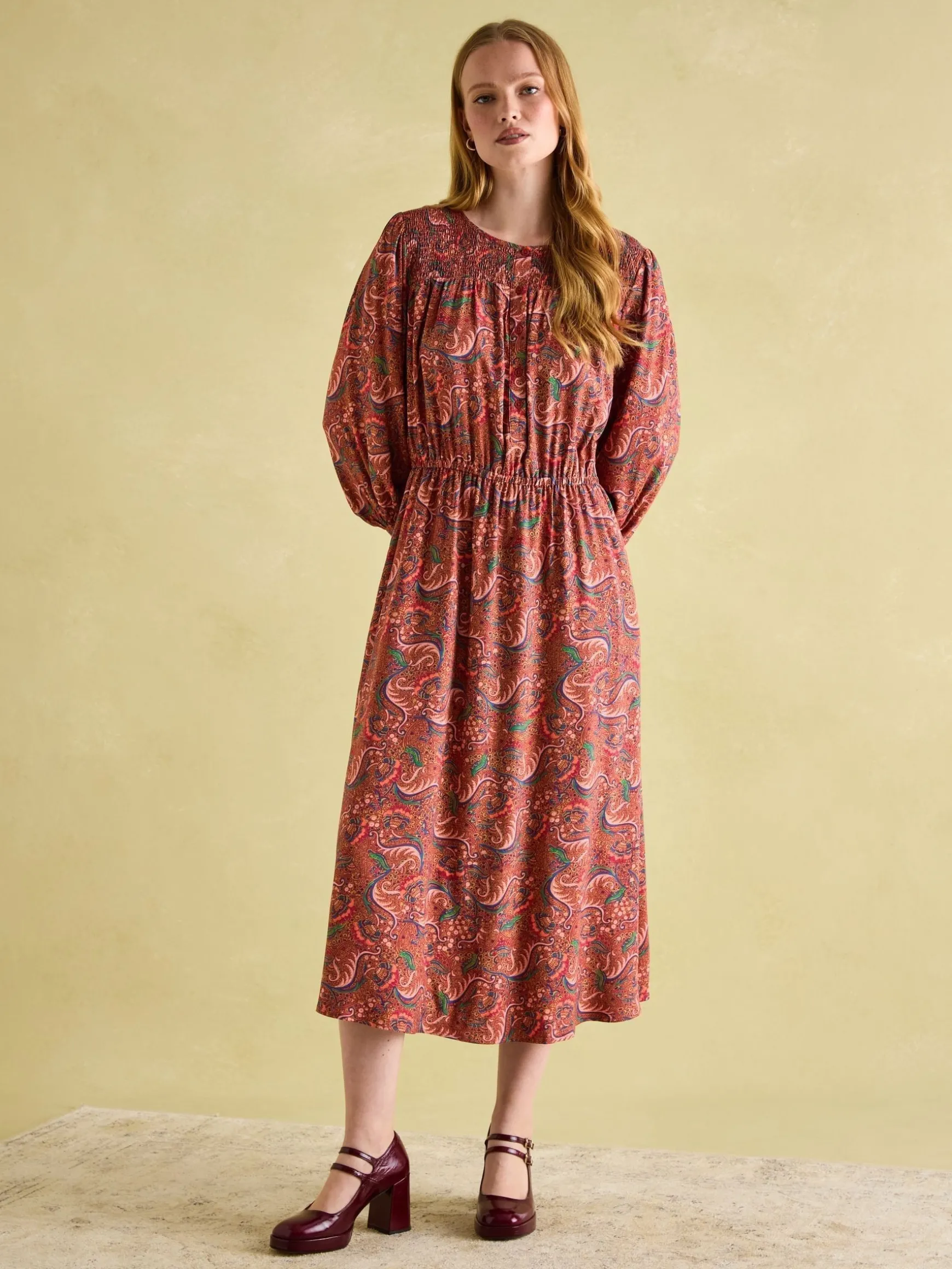 Felicity Red Paisley Smocked Midi Dress
