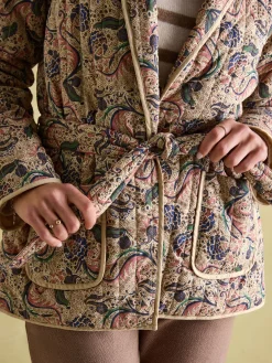 Floral Paisley Cotton Quilted Jacket With Belt