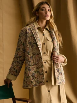 Floral Paisley Cotton Quilted Jacket With Belt