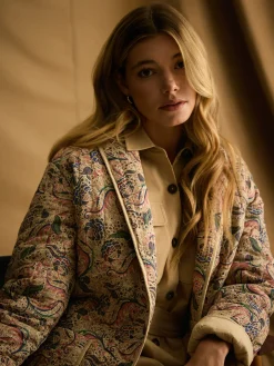 Floral Paisley Cotton Quilted Jacket With Belt