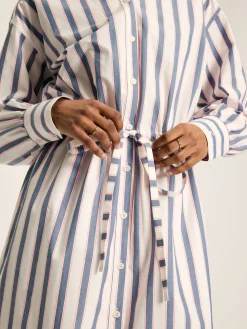 Francesca Blue Printed Tie Waist Shirt Dress