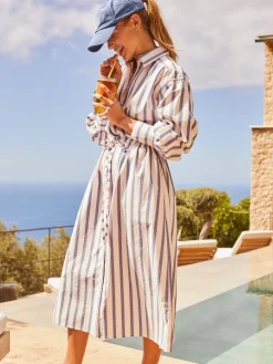 Francesca Blue Printed Tie Waist Shirt Dress