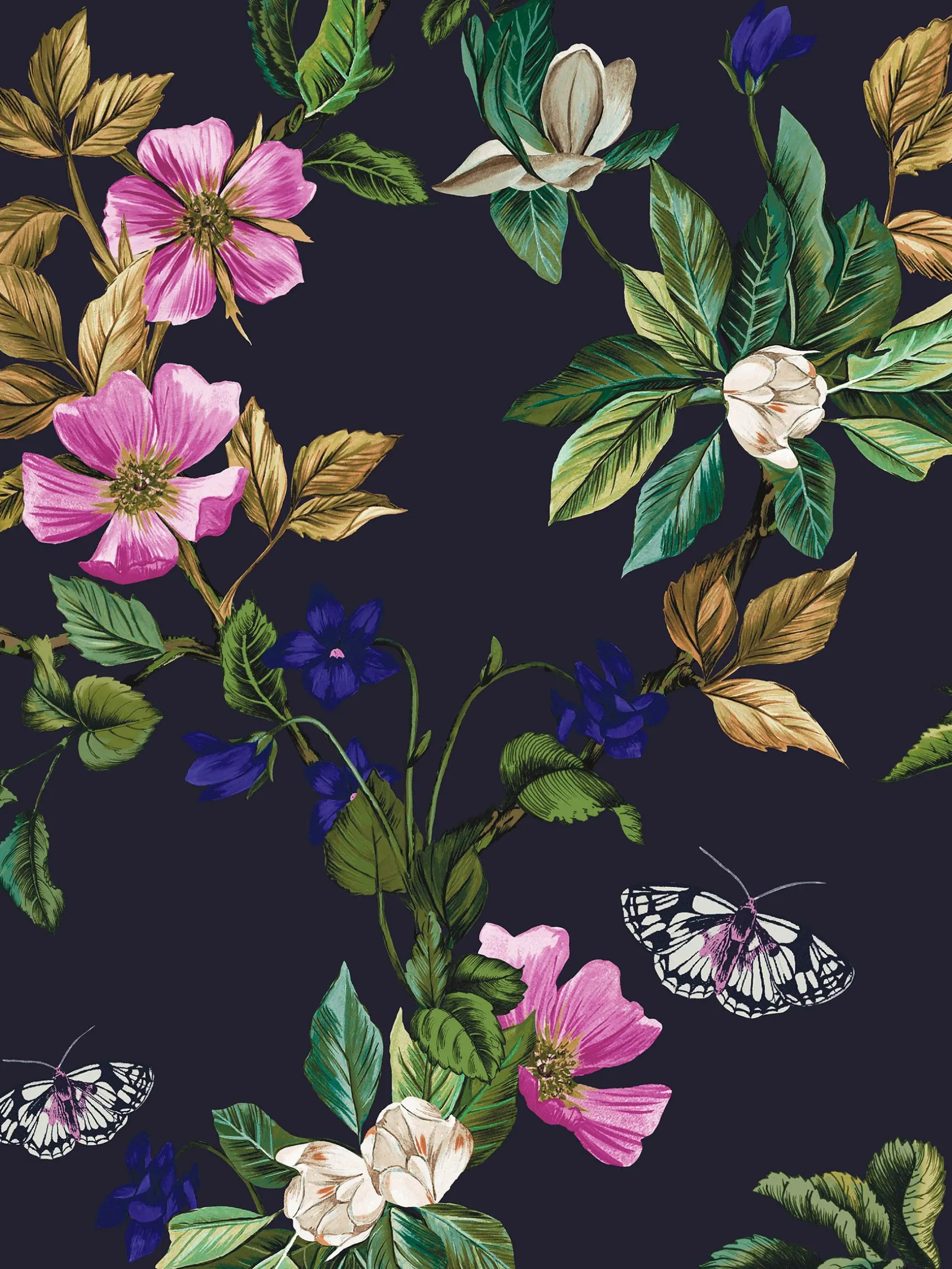 French Navy Wakerley Woodland Floral 10M Wallpaper