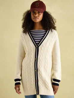 Game Point Cream/Navy Button Through Longline Cable Knit Cardigan