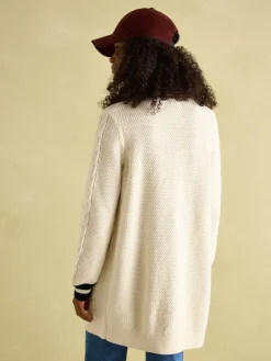 Game Point Cream/Navy Button Through Longline Cable Knit Cardigan