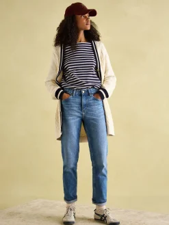 Game Point Cream/Navy Button Through Longline Cable Knit Cardigan